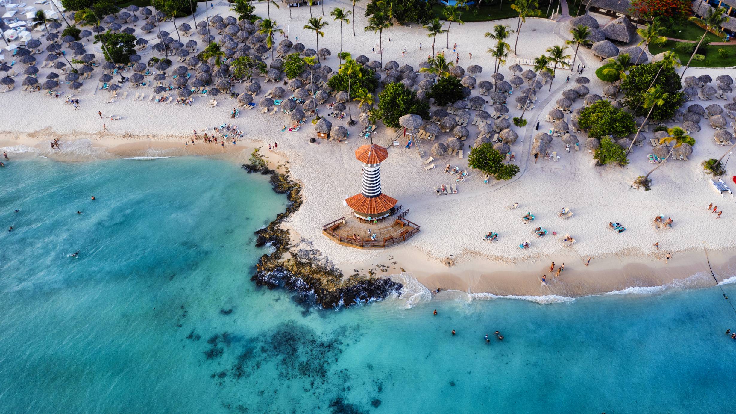 Dominican Republic Bayahibe beach Lighthouse aerial photo by drone. Crystal clear sea with beautiful beach.